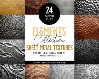 May include: A digital file collection showcasing various sheet metal textures. The image displays a grid of diverse metallic patterns, including embossed floral designs, hammered surfaces, and brushed metal effects. The text reads "ELEMENTS Collection SHEET METAL TEXTURES".