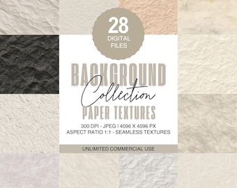 Könnte beinhalten: Eine digitale Sammlung von 28 Papiertapeten in verschiedenen neutralen Farbtönen, darunter Beige, Creme und Grau. Das Bild zeigt eine Vielzahl von zerknitterten und strukturierten Papierhintergründen mit dem Text "Background Collection Paper Textures".