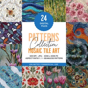 24 naadloze mozaïektegelpatronen – digitale achtergronden voor printables, POD, knutselen en design | 4096 × 4096 px | 300 dpi | Commercieel gebruik