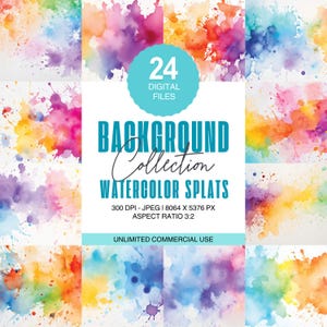 Peut inclure: Une collection d'art numérique avec des éclaboussures d'aquarelle de différentes couleurs, notamment rose, bleu, orange et violet. L'image comprend le texte "BACKGROUND Collection WATERCOLOR SPLATS" et "24 DIGITAL FILES". Le format est de 3:2.