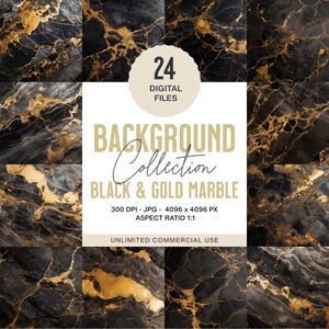 May include: A digital background collection featuring 24 files with a black and gold marble design. The image includes the text "BACKGROUND Collection BLACK & GOLD MARBLE" and details such as 300 DPI, JPG, 4096 x 4096 PX, and aspect ratio 1:1.