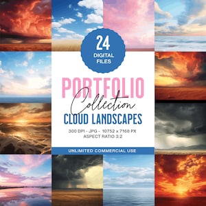 May include: A collection of 24 digital files featuring cloud landscapes. The images are high-resolution, 300 DPI, and have an aspect ratio of 3:2. They are perfect for use in commercial projects.