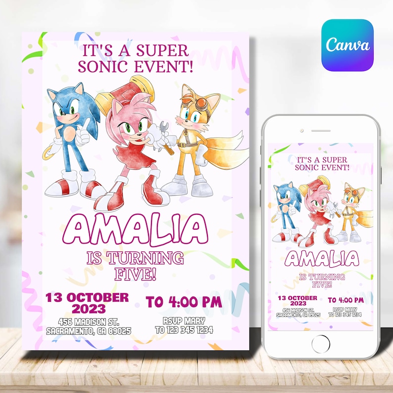 May include: A pink and white birthday invitation with a cartoon image of Sonic the Hedgehog, Amy Rose, and Tails. The invitation says "It's a Super Sonic Event!" and "Amalia is turning five!" with the date and time of the party.