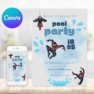 Pool Summer Spider Morales Males Birthday Invitation Invitation Spiderman Party