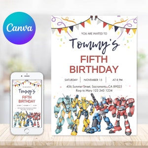 May include: A birthday invitation with a colorful banner and confetti. The invitation says "You are invited to Tommy's Fifth Birthday." The invitation also includes the date, time, and address of the party. The invitation features a cartoon image of five robots.