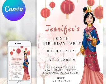 May include: A pink and white invitation with a cartoon image of a woman in a red and blue dress. The invitation is for Jennifer's sixth birthday party on March 1, 2025 at 4:00 PM at The Carine's Cafe, 456 Summer Street, Sacramento, CA 89025. The RSVP number is 123-456-7890.