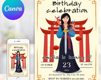 May include: Birthday celebration invitation featuring a cartoon illustration of a woman in a blue and black dress holding a sword, with a red dragon and a red archway. The invitation includes the text "Amalia is turning 5!" and event details.