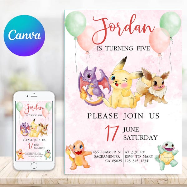 Pink Birthday Pokemon Invitation, Pikachu b-day invite, Pokemone editable invitation, anime birthday invite, Instant Download