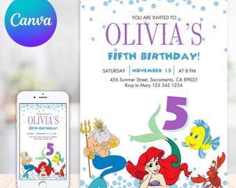 Little Mermaid Birthday Invitation, Ariel Birthday Invite, Editable Mermaid Birthday Invitation, Birthday Invitation for girls Mermaid Ariel