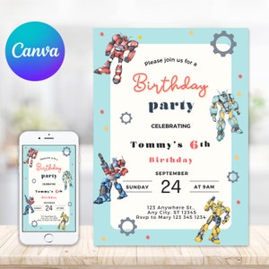 Può includere: Un invito a una festa di compleanno blu e bianco con un tema di robot. L'invito presenta un robot dei cartoni animati con uno schema di colori rosso, blu e giallo. Il testo sull'invito recita: "Si prega di unirsi a noi per una festa di compleanno per celebrare il 6° compleanno di Tommy, domenica 24 settembre alle 9:00. 123 Anywhere St., Any City, ST 12345. RSVP a Mary 123 345 1234."