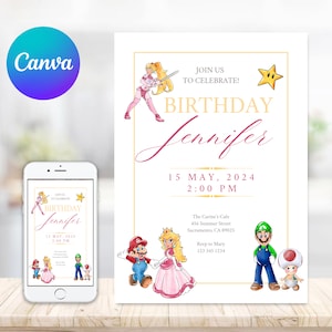 Super Mario Princess Peach Birthday Invitation | Birthday Invitation | Super Mario Invitation | Editable Printable Mario Invitation