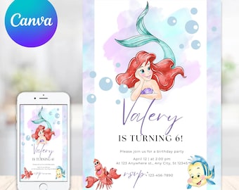 Little Mermaid Birthday Invitation, Ariel Birthday Invite, Editable Mermaid Birthday Invitation, Birthday Invitation for girls Mermaid Ariel