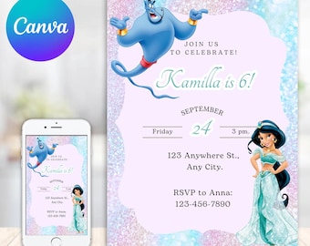 Princess Jasmine Personalized Digital Birthday Party Invitation, Kids Birthday Invitation Printable, kids Birthday Invitation