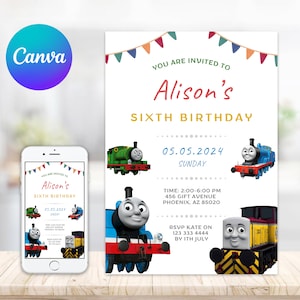 Thomas y sus amigos Canva Invitación de cumpleaños editable/Invitación de tarjeta Thomas Descarga instantánea/Invitación digital/Cumpleaños