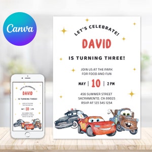 May include: A birthday party invitation with a red, white, and blue color scheme. The invitation features a cartoon image of Lightning McQueen and Mater from the Disney Pixar movie Cars. The text on the invitation reads "Let's Celebrate! David is turning three!" and includes the date, time, and location of the party.