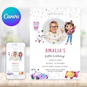 Invito fotografico per compleanno casa delle bambole, compleanno per bambini modificabile di Gabby, invito a una festa per ragazze digitali, inviti per la casa delle bambole di Gabby