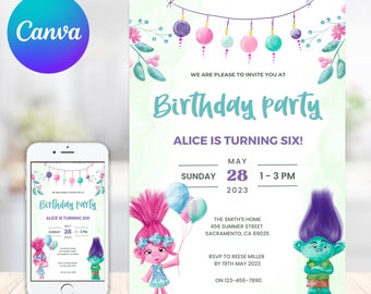 Printable birthday invitation, Editable trolls Invite, Girl Birthday, Electronic invitation, poppy Invite template, trolls party