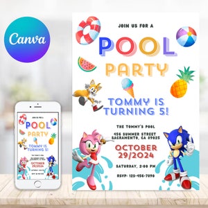 Sonic Invitation Pool Party | Sonic Birthday Party Invitations | Super Hedgehog Kids Party E-Invite | Sonic Canva Digital Kids Summer