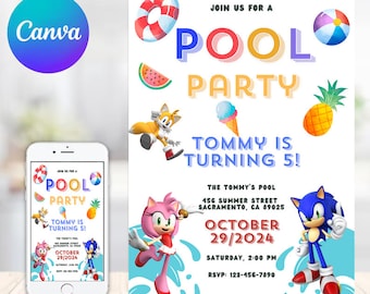 Sonic Invitation Pool Party | Sonic Birthday Party Invitations | Super Hedgehog Kids Party E-Invite | Sonic Canva Digital Kids Summer