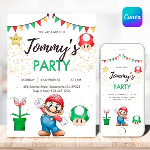 Convite de aniversário de Super Mario | Convite de aniversário | Convite Super Mário | Modelo editável e imprimível de convite de aniversário do Mario