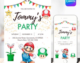 Invitación de cumpleaños de Super Mario / Invitación de cumpleaños / Invitación de Super Mario / Plantilla de cumpleaños de invitación de Mario imprimible editable
