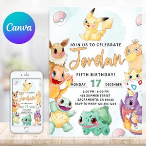 Invitation d'anniversaire imprimable Pokemon, invitation Pikachu b-day, invitation modifiable Pokemone, invitation d'anniversaire anime, téléchargement immédiat