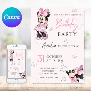 Minnie Mouse Birthday Invitation | Pink Balloon Minnie Mouse Invite | Simple Design | Digital invitation | Edit and Print at Home