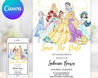 Princess Birthday Invitation Template Editable Printable Invite Instant Download Girls Kids Birthday invite Canva Template