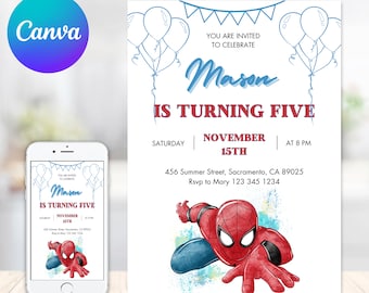 May include: A birthday invitation featuring a Spiderman theme. The invitation is for Mason's 5th birthday party. The invitation is decorated with blue balloons and a watercolour illustration of Spiderman. The invitation includes the date, time, and location of the party.