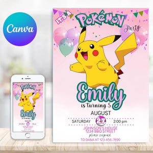 Può includere: Un invito rosa e verde per una festa a tema Pokémon. L'invito presenta un Pikachu dei cartoni animati, palloncini e il testo "È una festa Pokémon". L'invito è per il 5° compleanno di Emily, il 27 agosto alle 14:00. L'indirizzo è Johnson's House, 1234 BBQ Street. Le informazioni per la conferma di partecipazione sono per Dana al 123-456-7890.