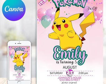 Invito di compleanno rosa Pokemon, invito di compleanno Pikachu, invito modificabile Pokemone, invito di compleanno anime, download immediato