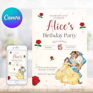 Modello di invito per la festa di compleanno di Belle, invito di compleanno di Belle, invito modificabile, biglietto di compleanno, compleanno