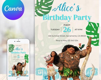 以下が含まれることがあります： ディズニー映画「モアナと伝説の海」のモアナとマウイをフィーチャーした誕生日パーティーの招待状。招待状は熱帯の葉で飾られており、青と白の海の波のデザインが施されています。招待状のテキストには「アリスの誕生日パーティーにご招待」と記載されており、パーティーの日時と場所が記載されています。
