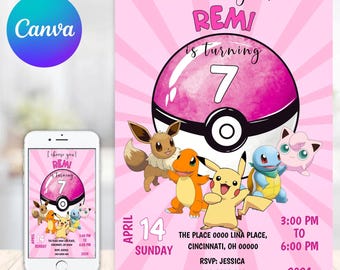Roze Pokemon verjaardagsuitnodiging, Pikachu b-Day uitnodiging, Pokemone bewerkbare uitnodiging, anime verjaardagsuitnodiging, Instant Download