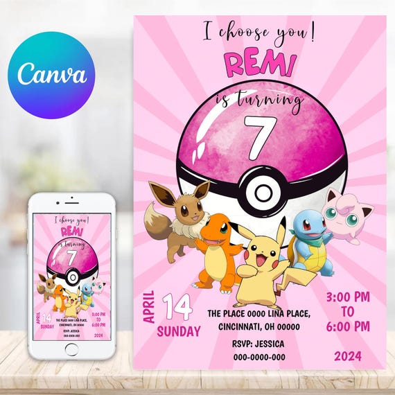 Pink Birthday Pokemon Invitation, Pikachu b-day invite, Pokemone editable invitation, anime birthday invite, Instant Download