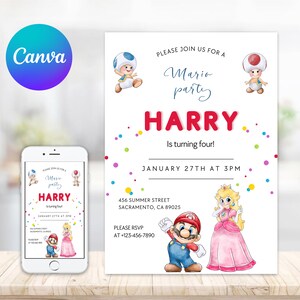 Super Mario Princess Peach Birthday Invitation | Birthday Invitation | Super Mario Invitation | Editable Printable Mario Invitation