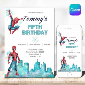 May include: A birthday invitation featuring a watercolor illustration of Spider-Man. The invitation reads "Tommy's Fifth Birthday" with event details. A matching digital version is displayed on a smartphone.
