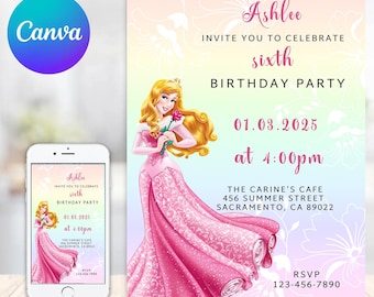 Princess Aurora Birthday Invitation Template Editable Printable Invite Instant Download Girls Kids Sleeping Beauty Princess