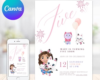 Invitación fotográfica de cumpleaños de Dollhouse, cumpleaños editable de Gabby's Kids, invitación a fiesta de chicas digitales, invitaciones de Gabby Dollhouse