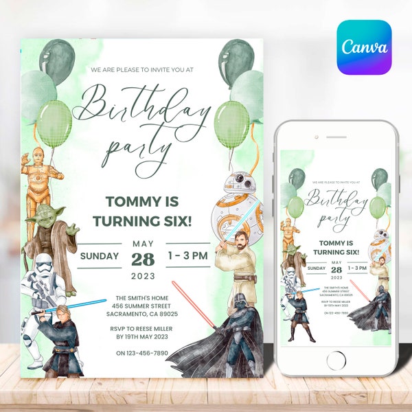 Editable Star War Birthday Invitation Template Printable Birthday Party Invitation Digital Kids Party Invite Template Starwars Bday Card