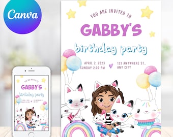 Dollhouse Birthday Invitation, Editable Gabby's Kids Birthday, Digital Girls Party Invite, Gabby Dollhouse Invites, Digital Instant Download