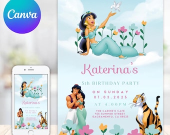 Princess Jasmine Personalized Digital Birthday Party Invitation, Kids Birthday Invitation Printable, kids Birthday Invitation
