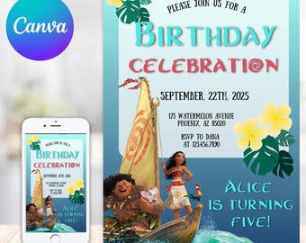 Editable Moana Birthday Invitation, Printable Digital Hawaiian Moana Birthday Invitation, Kids Theme Party Template Invite, Instant Download