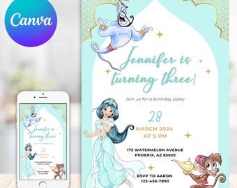 Princess Jasmine Personalized Digital Birthday Party Invitation, Kids Birthday Invitation Printable, kids Birthday Invitation