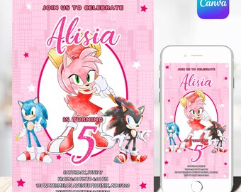 Invitación sónica para niñas / Invitación digital rosa de cumpleaños sónico / Invitación de cumpleaños editable de Sonic The Hedgehog / Sombra digital para niñas