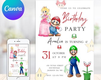 Invitación de cumpleaños de Super Mario Luigi / Invitación de cumpleaños / Invitación de Super Mario / Plantilla de cumpleaños de invitación de Mario imprimible editable