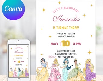 Princess Birthday Invitation Template Editable Printable Invite Instant Download Girls Kids Birthday invite Canva Template
