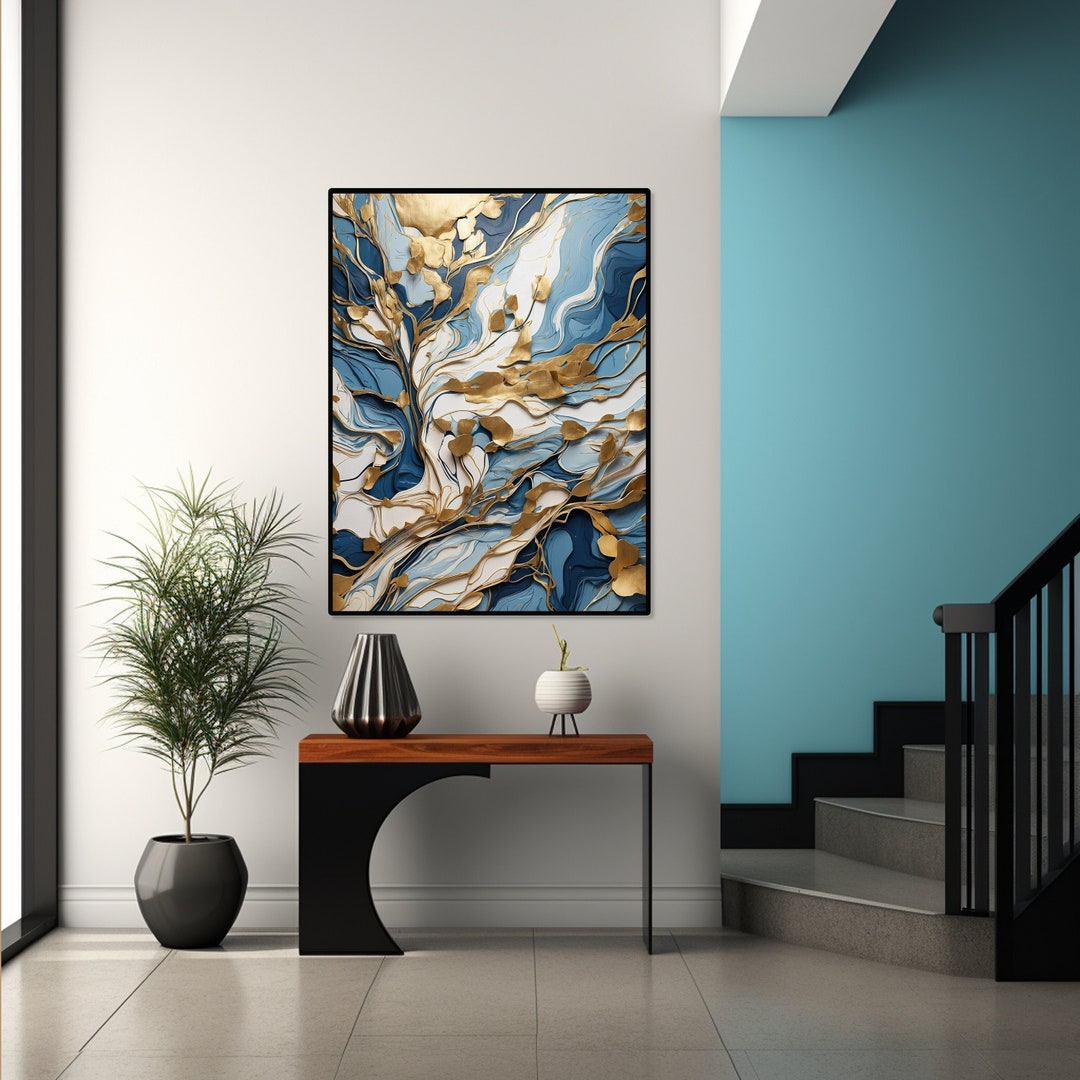 Blue and Gold Abstract Art Painting, Blue Abstract Wall Art, Abstract ...