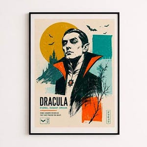 Puede incluir: Un póster enmarcado con un retrato estilizado de Drácula con un abrigo negro de cuello alto, detalles en naranja y una luna amarilla. El texto dice Dracula, Eternal, Elegant, Undead, Some legends never die, They just prefer the night, 1897.