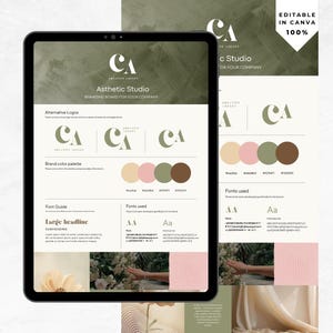 Puede incluir: Una plantilla digital de tablero de marca en una tableta y una hoja separada. La plantilla presenta el texto "CA Asthetic Studio" y "Branding Board for Your Company". Incluye paletas de colores, guías de fuentes y logotipos alternativos. Las palabras "Editable in Canva 100%" también son visibles.